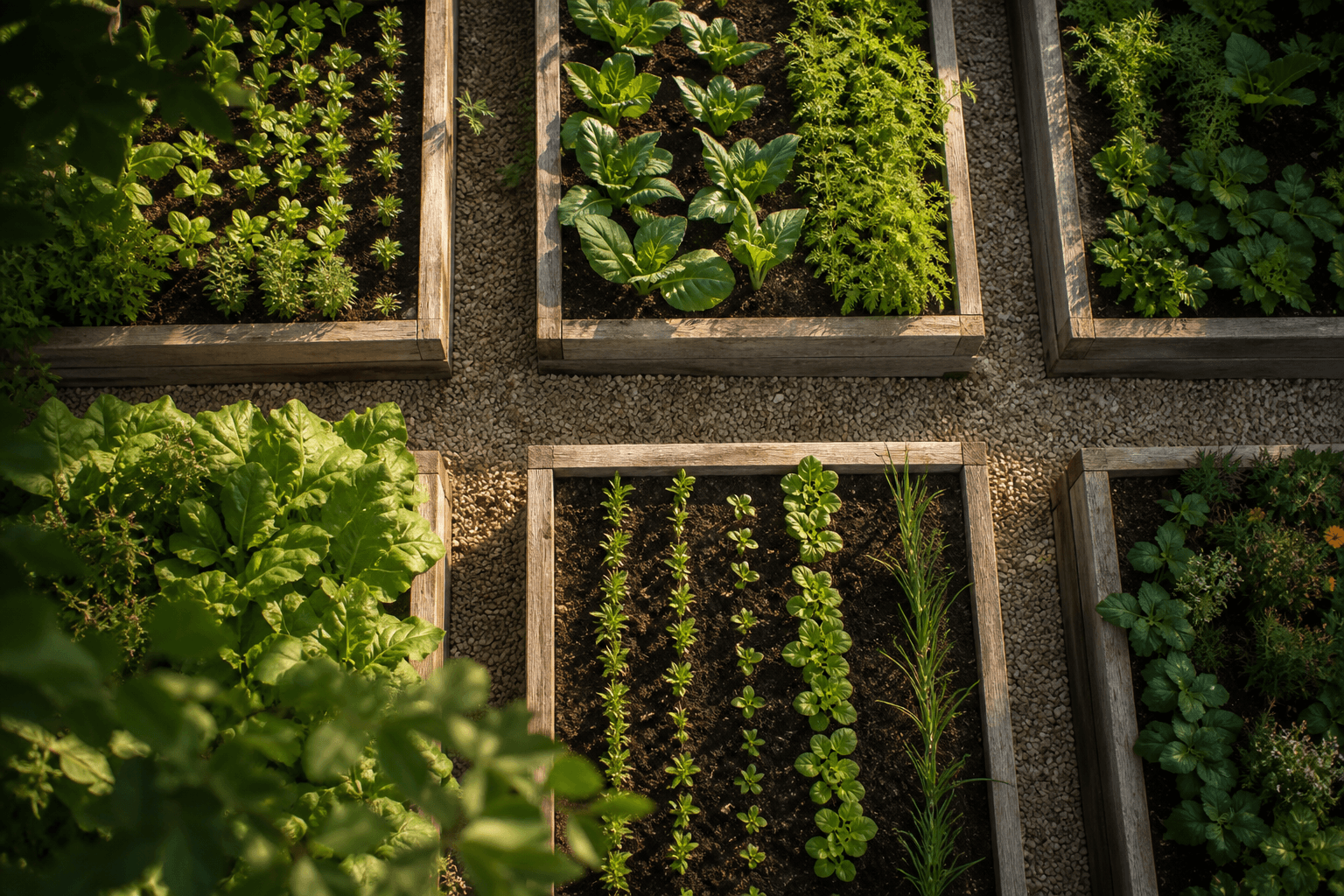 Overhead view of raised garden beds with seedlings
