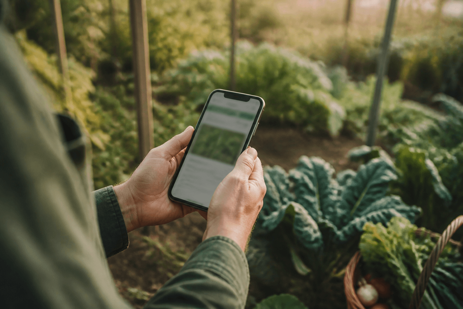 Gardener using a phone among vegetable plants